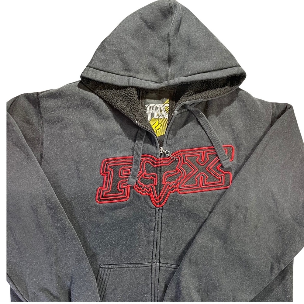 Fox Racing Mens XL Black Sherpa‎ Lined Full Zip Hoodie Red Embroidered Logo